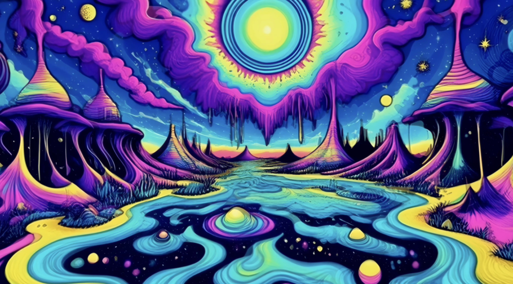 Trippy background visuals for LSD showing glowing circus tent in psychedelic desert